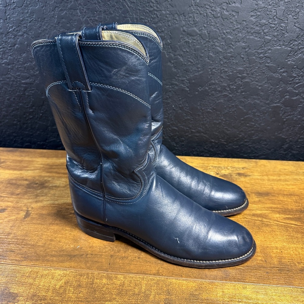Justin L3057 Navy Blue Leather Western Cowboy Boots Womens Size 7 B